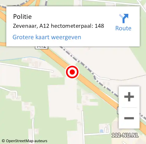 Locatie op kaart van de 112 melding: Politie Zevenaar, A12 hectometerpaal: 148 op 20 februari 2023 18:16