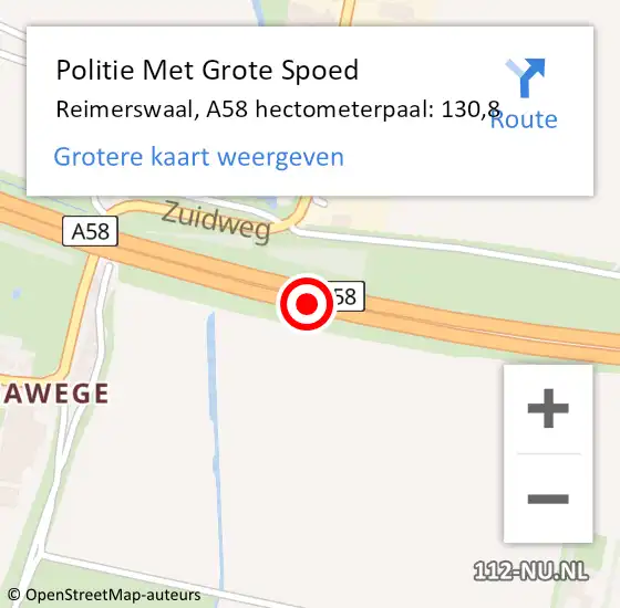 Locatie op kaart van de 112 melding: Politie Met Grote Spoed Naar Reimerswaal, A58 hectometerpaal: 130,8 op 20 februari 2023 19:14