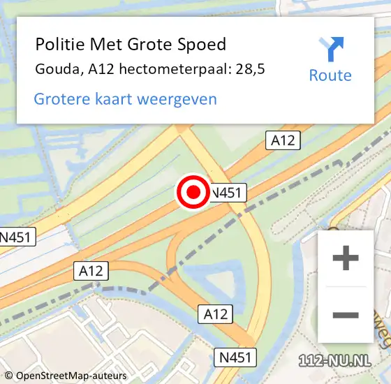 Locatie op kaart van de 112 melding: Politie Met Grote Spoed Naar Gouda, A12 hectometerpaal: 28,5 op 20 februari 2023 21:02