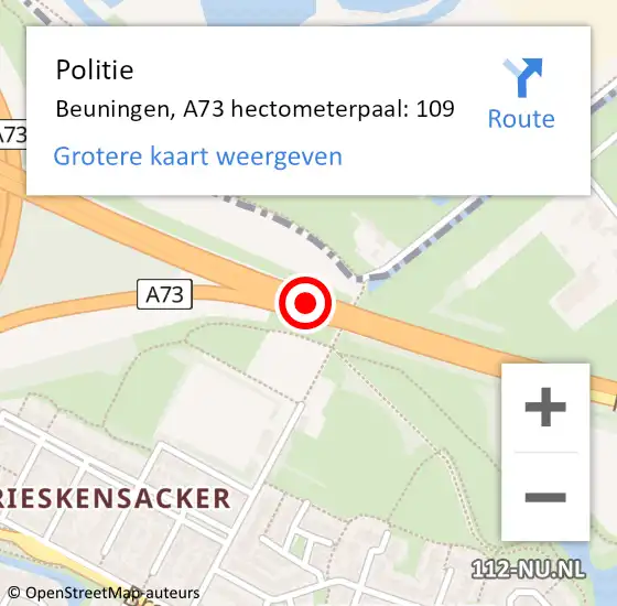 Locatie op kaart van de 112 melding: Politie Beuningen, A73 hectometerpaal: 109 op 20 februari 2023 23:16