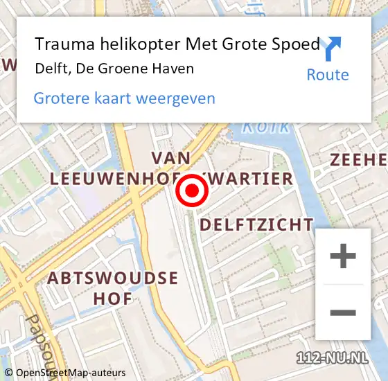 Locatie op kaart van de 112 melding: Trauma helikopter Met Grote Spoed Naar Delft, De Groene Haven op 21 februari 2023 00:27