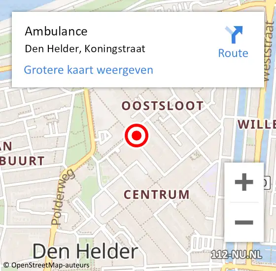 Locatie op kaart van de 112 melding: Ambulance Den Helder, Koningstraat op 21 februari 2023 01:32