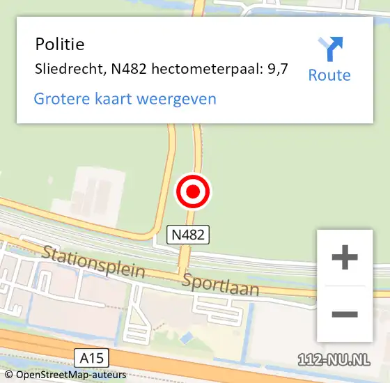 Locatie op kaart van de 112 melding: Politie Sliedrecht, N482 hectometerpaal: 9,7 op 21 februari 2023 06:23