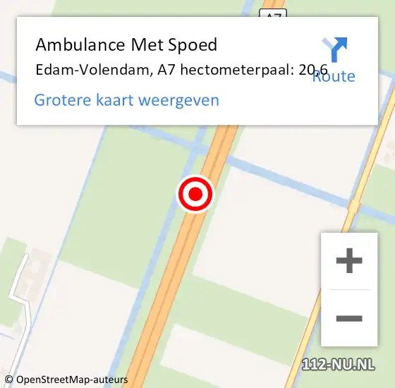 Locatie op kaart van de 112 melding: Ambulance Met Spoed Naar Edam-Volendam, A7 hectometerpaal: 20,6 op 21 februari 2023 06:41