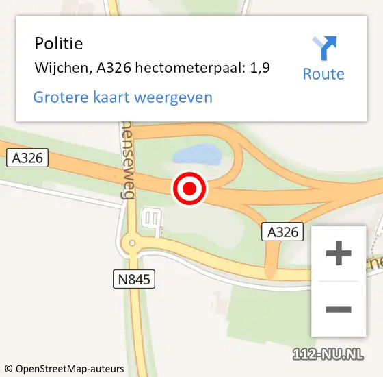 Locatie op kaart van de 112 melding: Politie Wijchen, A326 hectometerpaal: 1,9 op 21 februari 2023 06:54