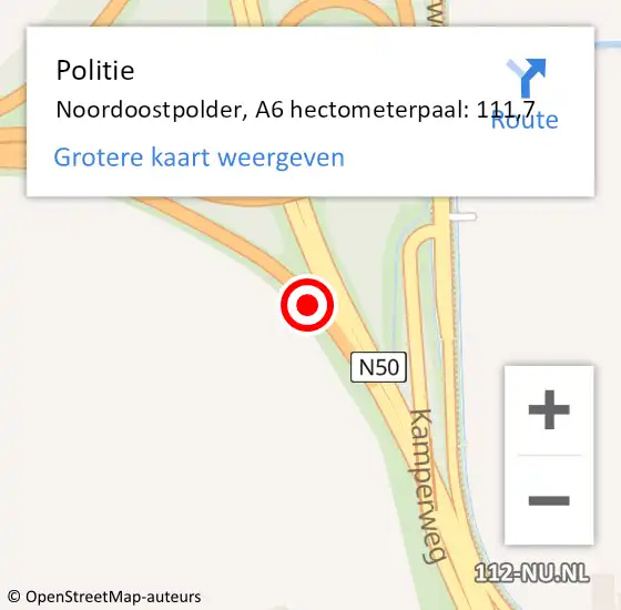 Locatie op kaart van de 112 melding: Politie Noordoostpolder, A6 hectometerpaal: 111,7 op 21 februari 2023 09:09