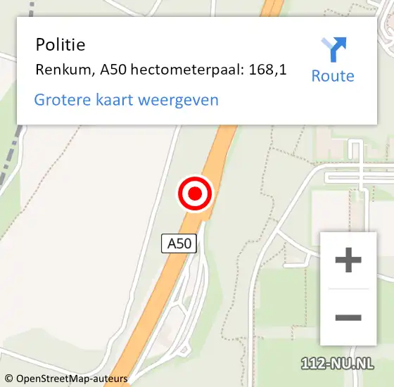 Locatie op kaart van de 112 melding: Politie Renkum, A50 hectometerpaal: 168,1 op 21 februari 2023 10:57