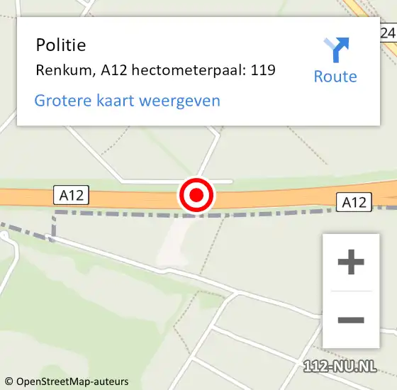 Locatie op kaart van de 112 melding: Politie Renkum, A12 hectometerpaal: 119 op 21 februari 2023 12:24