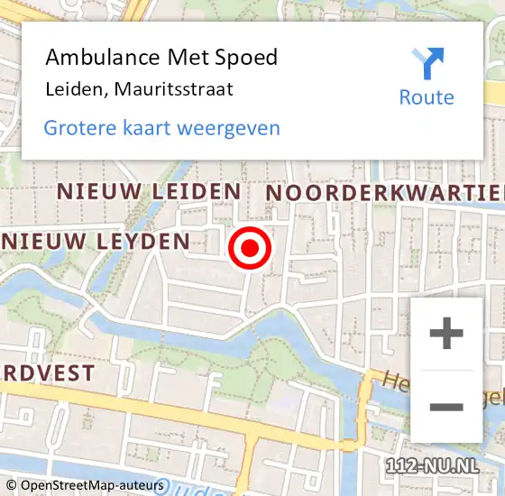 Locatie op kaart van de 112 melding: Ambulance Met Spoed Naar Leiden, Mauritsstraat op 21 februari 2023 13:17