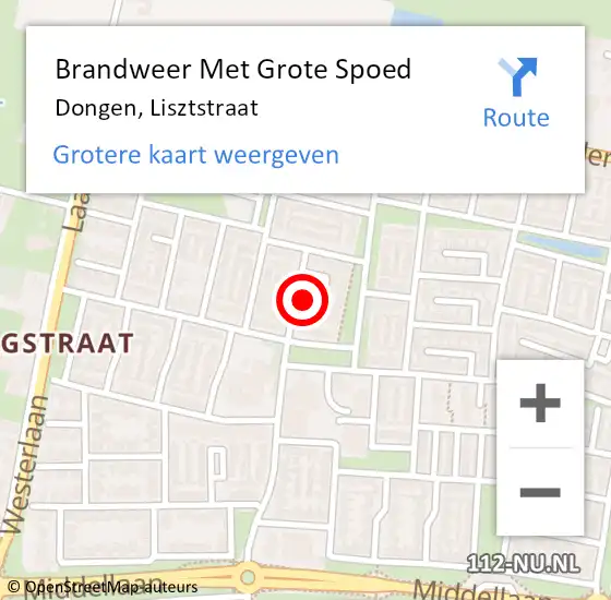 Locatie op kaart van de 112 melding: Brandweer Met Grote Spoed Naar Dongen, Lisztstraat op 21 februari 2023 13:41