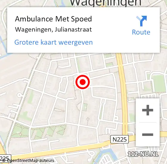 Locatie op kaart van de 112 melding: Ambulance Met Spoed Naar Wageningen, Julianastraat op 21 februari 2023 16:47