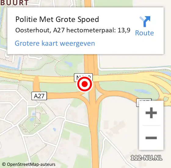 Locatie op kaart van de 112 melding: Politie Met Grote Spoed Naar Oosterhout, A27 hectometerpaal: 13,9 op 21 februari 2023 17:34