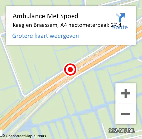 Locatie op kaart van de 112 melding: Ambulance Met Spoed Naar Kaag en Braassem, A4 hectometerpaal: 27,4 op 21 februari 2023 17:50