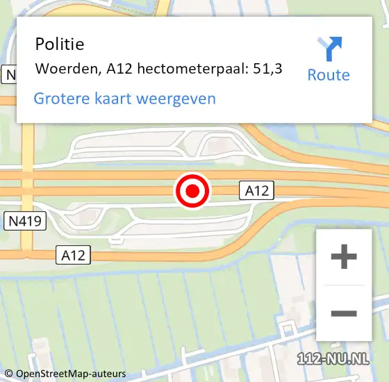 Locatie op kaart van de 112 melding: Politie Woerden, A12 hectometerpaal: 51,3 op 21 februari 2023 17:52