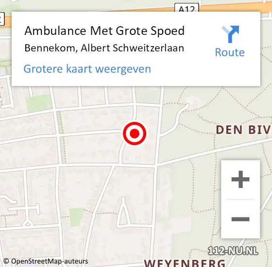 Locatie op kaart van de 112 melding: Ambulance Met Grote Spoed Naar Bennekom, Albert Schweitzerlaan op 21 februari 2023 20:05