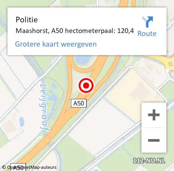 Locatie op kaart van de 112 melding: Politie Maashorst, A50 hectometerpaal: 120,4 op 21 februari 2023 22:22