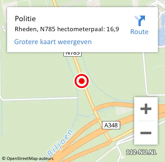 Locatie op kaart van de 112 melding: Politie Rheden, N785 hectometerpaal: 16,9 op 22 februari 2023 03:35