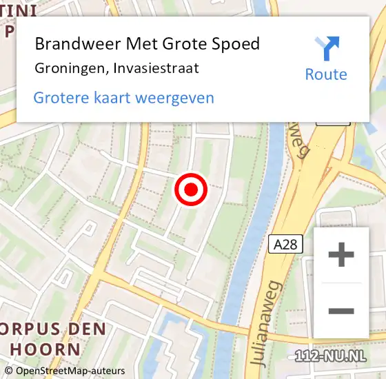 Locatie op kaart van de 112 melding: Brandweer Met Grote Spoed Naar Groningen, Invasiestraat op 22 februari 2023 08:00