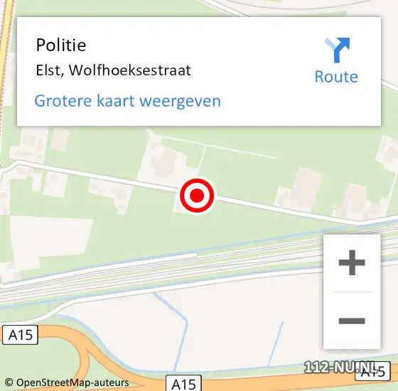 Locatie op kaart van de 112 melding: Politie Elst, Wolfhoeksestraat op 22 februari 2023 08:36
