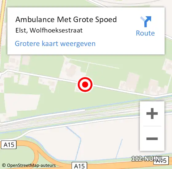 Locatie op kaart van de 112 melding: Ambulance Met Grote Spoed Naar Elst, Wolfhoeksestraat op 22 februari 2023 08:39