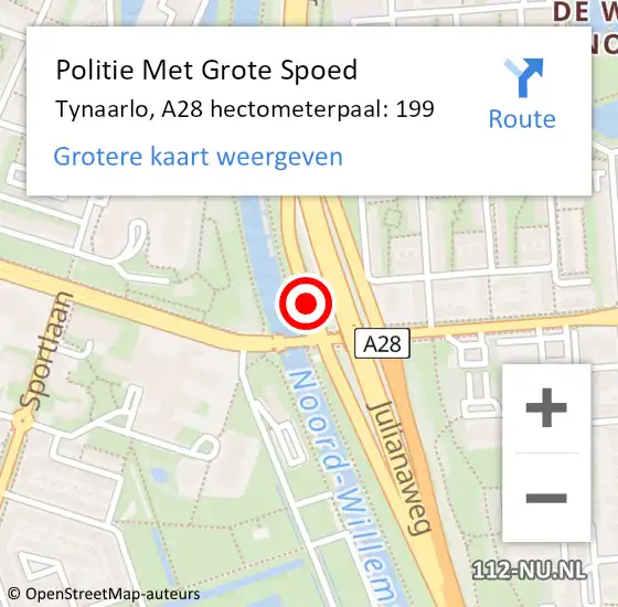 Locatie op kaart van de 112 melding: Politie Met Grote Spoed Naar Tynaarlo, A28 hectometerpaal: 199 op 22 februari 2023 08:59