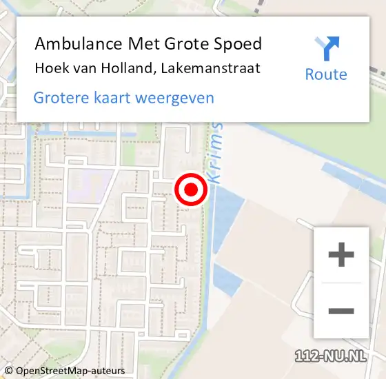 Locatie op kaart van de 112 melding: Ambulance Met Grote Spoed Naar Hoek van Holland, Lakemanstraat op 22 februari 2023 09:14