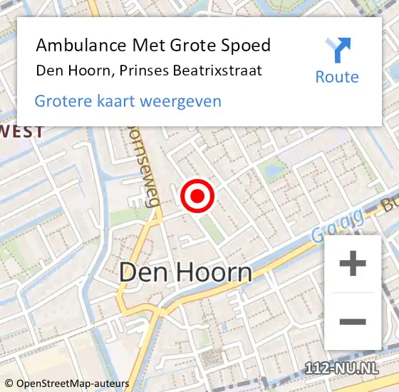 Locatie op kaart van de 112 melding: Ambulance Met Grote Spoed Naar Den Hoorn, Prinses Beatrixstraat op 22 februari 2023 10:09