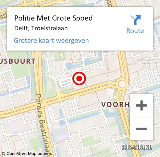 Locatie op kaart van de 112 melding: Politie Met Grote Spoed Naar Delft, Troelstralaan op 22 februari 2023 10:15