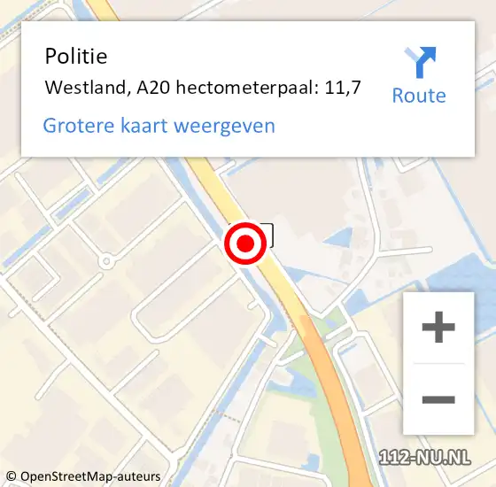 Locatie op kaart van de 112 melding: Politie Westland, A20 hectometerpaal: 11,7 op 22 februari 2023 10:31