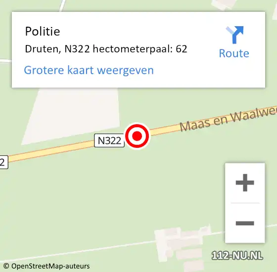 Locatie op kaart van de 112 melding: Politie Druten, N322 hectometerpaal: 62 op 22 februari 2023 10:37