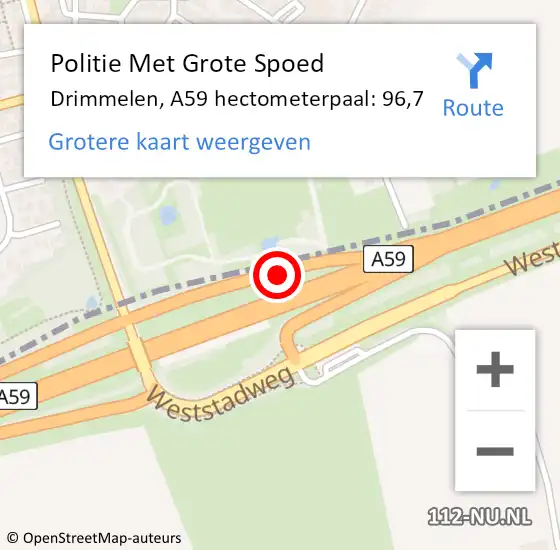 Locatie op kaart van de 112 melding: Politie Met Grote Spoed Naar Drimmelen, A59 hectometerpaal: 96,7 op 22 februari 2023 10:37