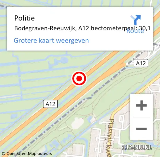 Locatie op kaart van de 112 melding: Politie Bodegraven-Reeuwijk, A12 hectometerpaal: 30,1 op 22 februari 2023 12:47