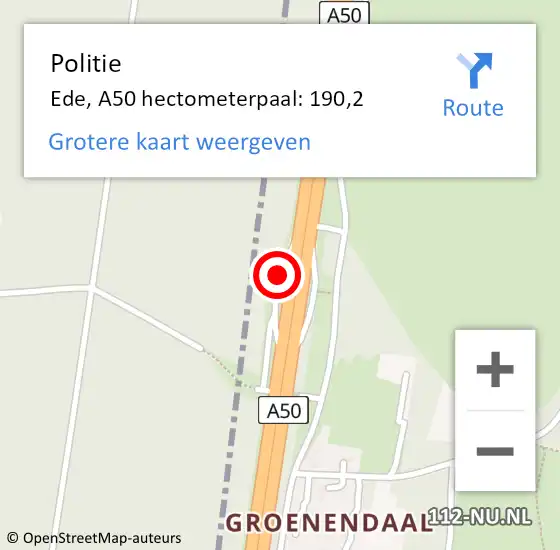 Locatie op kaart van de 112 melding: Politie Ede, A50 hectometerpaal: 190,2 op 22 februari 2023 12:56