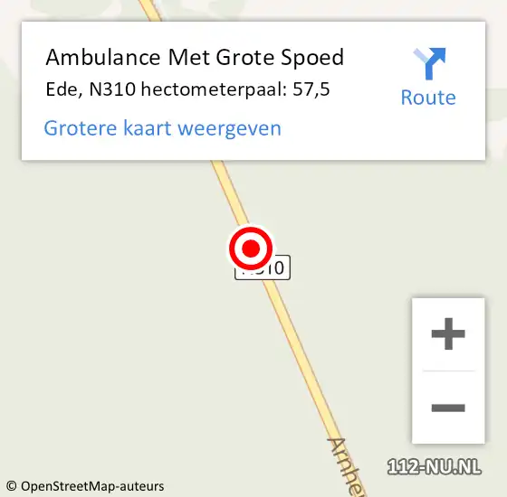 Locatie op kaart van de 112 melding: Ambulance Met Grote Spoed Naar Ede, N310 hectometerpaal: 57,5 op 22 februari 2023 13:21