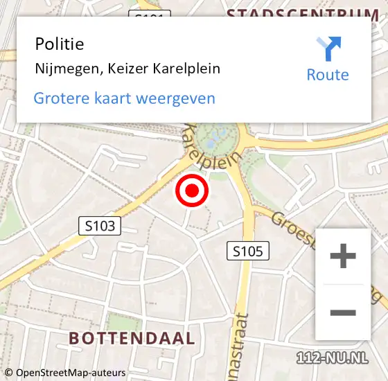 Locatie op kaart van de 112 melding: Politie Nijmegen, Keizer Karelplein op 22 februari 2023 14:34