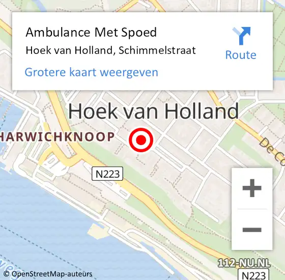 Locatie op kaart van de 112 melding: Ambulance Met Spoed Naar Hoek van Holland, Schimmelstraat op 22 februari 2023 14:40