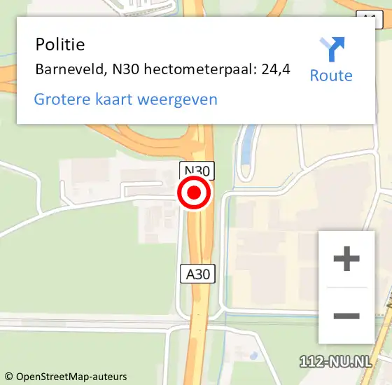 Locatie op kaart van de 112 melding: Politie Barneveld, N30 hectometerpaal: 24,4 op 22 februari 2023 15:43