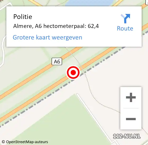 Locatie op kaart van de 112 melding: Politie Almere, A6 hectometerpaal: 62,4 op 22 februari 2023 16:27