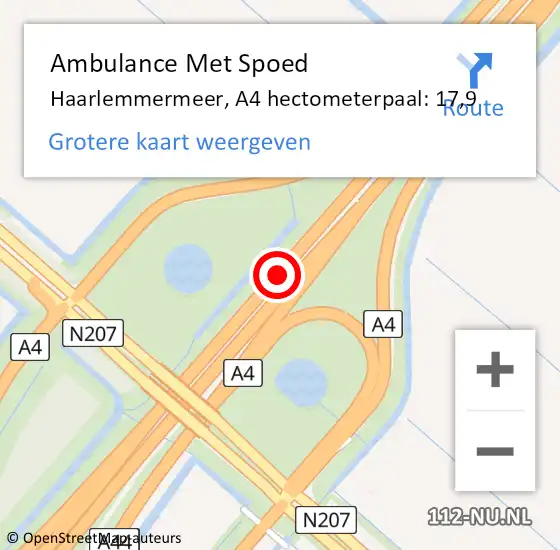 Locatie op kaart van de 112 melding: Ambulance Met Spoed Naar Haarlemmermeer, A4 hectometerpaal: 17,9 op 22 februari 2023 17:13