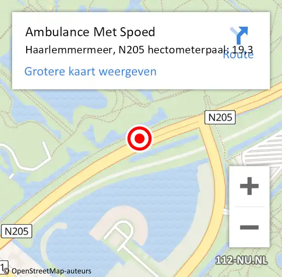 Locatie op kaart van de 112 melding: Ambulance Met Spoed Naar Haarlemmermeer, N205 hectometerpaal: 19,3 op 22 februari 2023 18:16