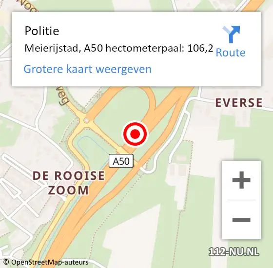 Locatie op kaart van de 112 melding: Politie Meierijstad, A50 hectometerpaal: 106,2 op 22 februari 2023 18:52