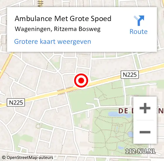 Locatie op kaart van de 112 melding: Ambulance Met Grote Spoed Naar Wageningen, Ritzema Bosweg op 22 februari 2023 20:49