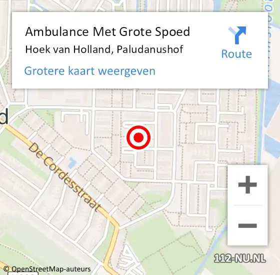 Locatie op kaart van de 112 melding: Ambulance Met Grote Spoed Naar Hoek van Holland, Paludanushof op 22 februari 2023 22:52