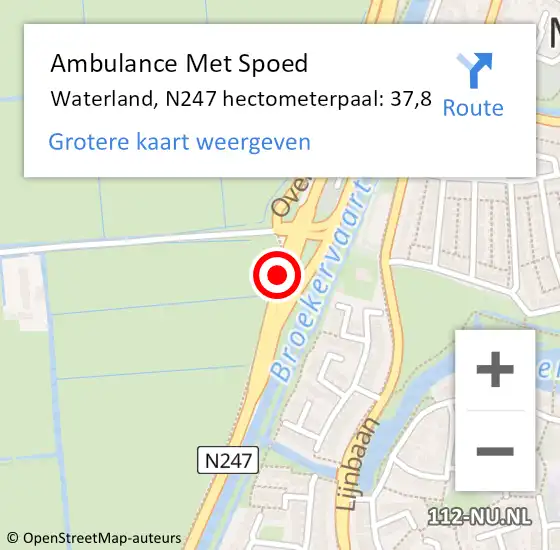 Locatie op kaart van de 112 melding: Ambulance Met Spoed Naar Waterland, N247 hectometerpaal: 37,8 op 22 februari 2023 23:11