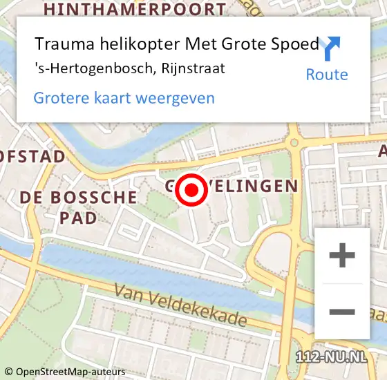 Locatie op kaart van de 112 melding: Trauma helikopter Met Grote Spoed Naar 's-Hertogenbosch, Rijnstraat op 22 februari 2023 23:30