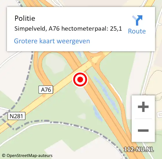 Locatie op kaart van de 112 melding: Politie Simpelveld, A76 hectometerpaal: 25,1 op 22 februari 2023 23:38