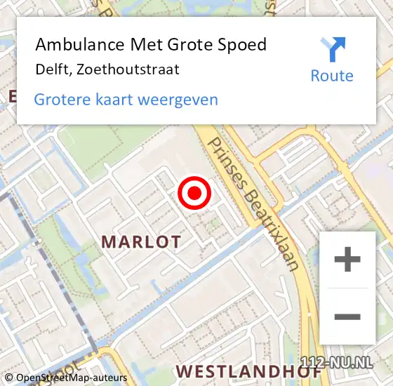 Locatie op kaart van de 112 melding: Ambulance Met Grote Spoed Naar Delft, Zoethoutstraat op 23 februari 2023 07:54