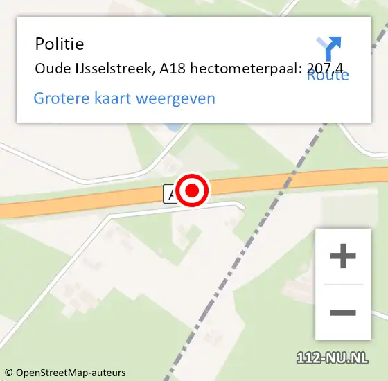 Locatie op kaart van de 112 melding: Politie Oude IJsselstreek, A18 hectometerpaal: 207,4 op 23 februari 2023 08:02