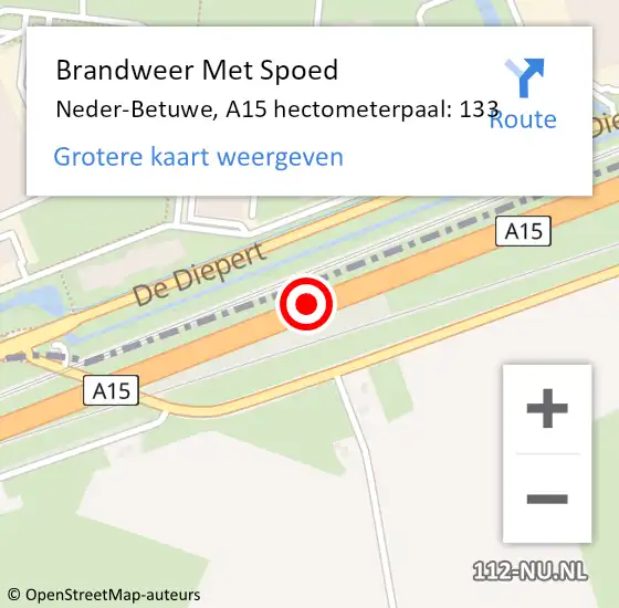 Locatie op kaart van de 112 melding: Brandweer Met Spoed Naar Neder-Betuwe, A15 hectometerpaal: 133 op 23 februari 2023 09:06