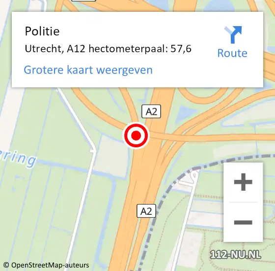 Locatie op kaart van de 112 melding: Politie Utrecht, A12 hectometerpaal: 57,6 op 23 februari 2023 11:02